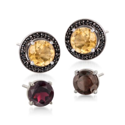 3-Pair Set of 12.30 ct. t.w. Multi-Gem Earrings With Black Diamond Earring Jackets in Sterling Silver &mdash; Alt Image 1