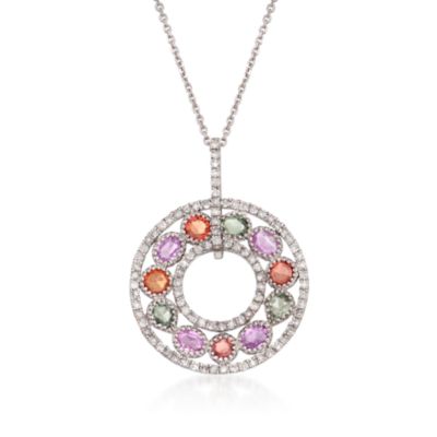 2.00 ct. t.w. Multicolored Sapphire and .70 ct. t.w. Diamond Circle Necklace in Sterling and 14kt White Gold. 16" &mdash; Alt Image 1