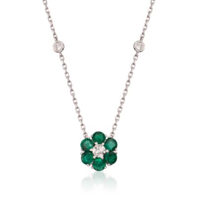 1.15 ct. t.w. Emerald and .45 ct. t.w. Floral Diamond Station Necklace in 14kt White Gold. 16" &mdash; Alt Image 1
