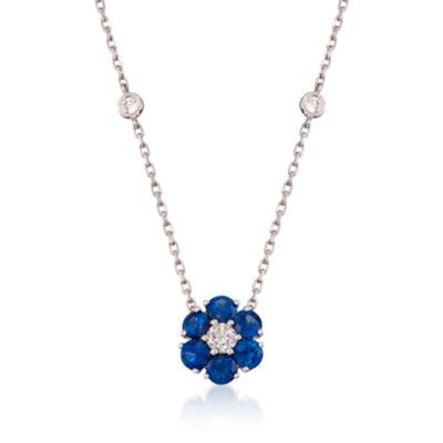 1.15 ct. t.w. Sapphire and .45 ct. t.w. Floral Diamond Station Necklace in 14kt White Gold. 16" &mdash; Alt Image 1