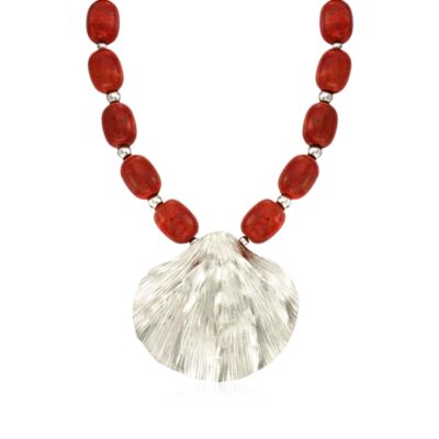 Coral Bead and Sterling Silver Shell Necklace &mdash; Alt Image 1