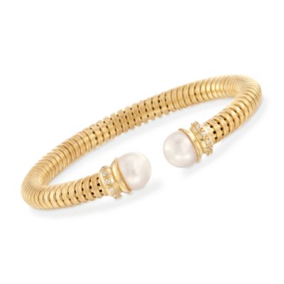 Italian Faux Pearl and CZ Cuff Bracelet in 18kt Gold Over Sterling Silver &mdash; Alt Image 1