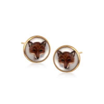 C. 1950 Vintage J.E. Caldwell Crystal Fox Stud Earrings in 14kt Yellow Gold &mdash; Alt Image 1