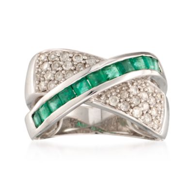 1.00 ct. t.w. Emerald and .50 ct. t.w. Pave Diamond Crisscross Ring in Sterling Silver &mdash; Alt Image 1