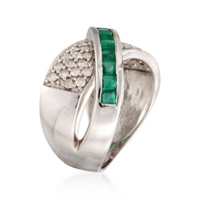1.00 ct. t.w. Emerald and .50 ct. t.w. Pave Diamond Crisscross Ring in Sterling Silver &mdash; Alt Image 3