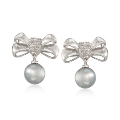 Gray Cultured Pearl Drop Earrings With Diamonds in Sterling Silver &mdash; Alt Image 1