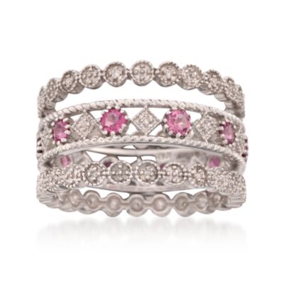 Set of 3 Pink Tourmaline and Diamond Eternity Bands in Sterling Silver &mdash; Alt Image 1