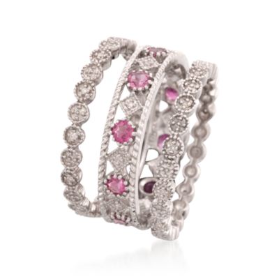 Set of 3 Pink Tourmaline and Diamond Eternity Bands in Sterling Silver &mdash; Alt Image 3