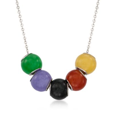 Interchangeable Multicolored Jade Barrel Bead Necklace in Sterling Silver. 18" &mdash; Alt Image 1