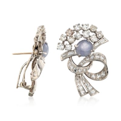 C. 1970 Vintage 2.80 ct. t.w. Star Sapphire and 3.30 ct. t.w. Diamond Earrings in Platinum &mdash; Alt Image 3