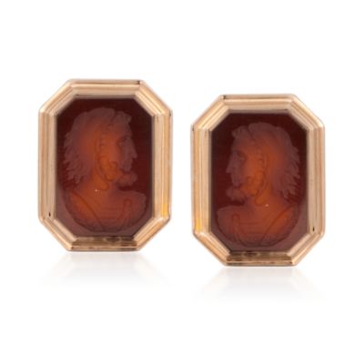 C. 1950 Vintage Carved Intaglio Carnelian Earrings in 14kt Yellow Gold &mdash; Alt Image 1