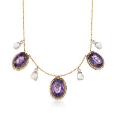 C. 1980 Vintage 36.50 ct. t.w. Amethyst and Cultured Pearl Necklace With Diamonds in 14kt Yellow Gold. 16.25" &mdash; Alt Image 1