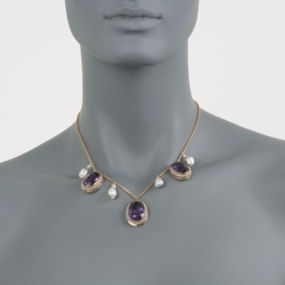C. 1980 Vintage 36.50 ct. t.w. Amethyst and Cultured Pearl Necklace With Diamonds in 14kt Yellow Gold. 16.25" &mdash; Alt Image 2