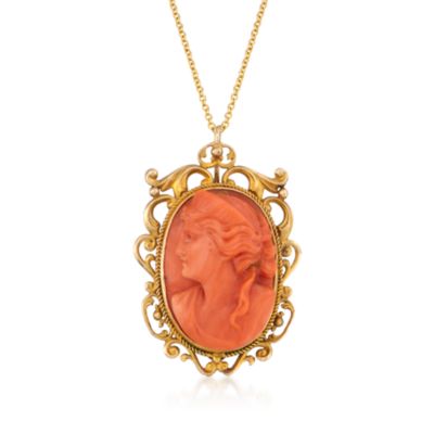 C. 1970 Vintage Carved Red Coral Cameo Pendant Necklace in 14kt Yellow Gold. 18" &mdash; Alt Image 1