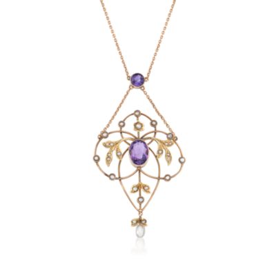 C. 1930 Vintage Art Deco 1.95 ct. t.w. Amethyst and Cultured Pearl Fancy Necklace in 9kt Gold. 15" &mdash; Alt Image 1