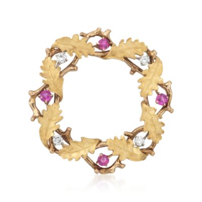 C. 1980 Vintage .60 ct. t.w. Ruby and .35 ct. t.w. Diamond Leaf Wreath Pin in 14kt Yellow Gold &mdash; Alt Image 1