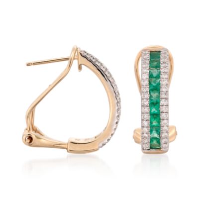 1.26 ct. t.w. Emerald and .45 ct. t.w. Diamond Hoop Earrings in 14kt Yellow Gold &mdash; Alt Image 3
