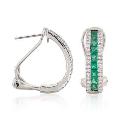 1.26 ct. t.w. Emerald and .45 ct. t.w. Diamond Hoop Earrings in 14kt White Gold &mdash; Alt Image 3