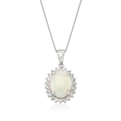 Oval Opal and .22 ct. t.w. Diamond Pendant Necklace in 14kt White Gold. 18" &mdash; Alt Image 1