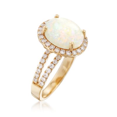 Oval Cabochon Opal and .73 ct. t.w. Diamond Ring in 14kt Yellow Gold &mdash; Alt Image 3