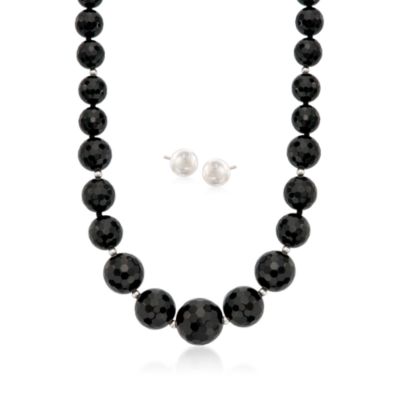 Graduated Black Agate Bead Necklace With Free Sterling Silver Stud Earrings &mdash; Alt Image 1