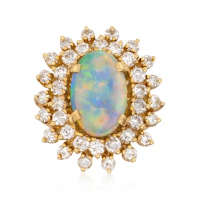 C. 1970 Vintage Oval Opal and 1.80 ct. t.w. Diamond Ring in 18kt Yellow Gold. Size 3 &mdash; Alt Image 1