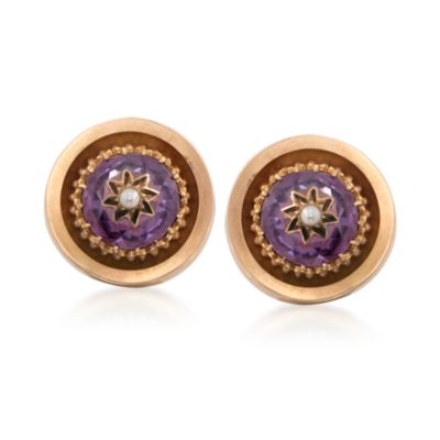 C. 1950 Vintage 4.50 ct. t.w. Amethyst and Cultured Pearl Earrings in 14kt Yellow Gold &mdash; Alt Image 1
