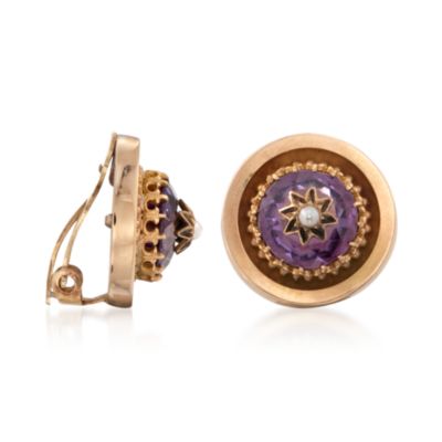 C. 1950 Vintage 4.50 ct. t.w. Amethyst and Cultured Pearl Earrings in 14kt Yellow Gold &mdash; Alt Image 3