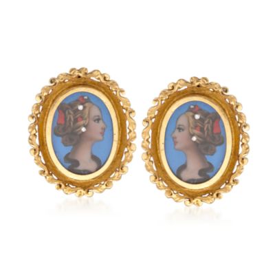 C. 1950 Vintage Enamel Portrait of a Lady Earrings With Diamonds in 18kt Yellow Gold &mdash; Alt Image 1