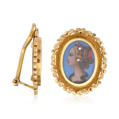 C. 1950 Vintage Enamel Portrait of a Lady Earrings With Diamonds in 18kt Yellow Gold &mdash; Alt Image 3