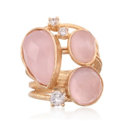 Rose Quartz and .95 ct. t.w. CZ Trio Ring in 24kt Gold Over Sterling &mdash; Alt Image 1