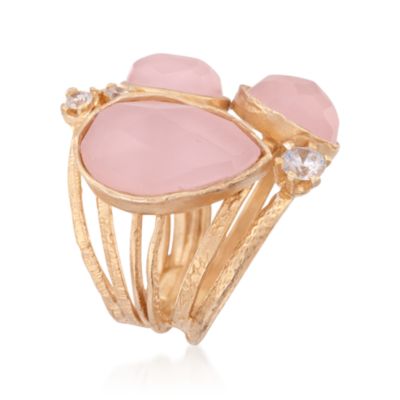 Rose Quartz and .95 ct. t.w. CZ Trio Ring in 24kt Gold Over Sterling &mdash; Alt Image 3