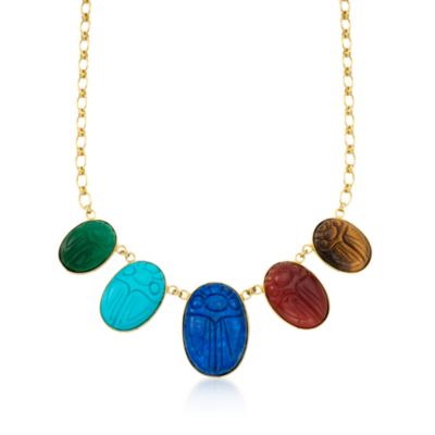 Mixed Stone Five Scarab Necklace in 14kt Gold Over Sterling &mdash; Alt Image 1