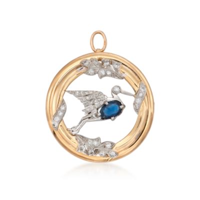 C. 1970 Vintage 1.15 Carat Sapphire and .80 ct. t.w. Diamond Stork Pin Pendant in Two-Tone &mdash; Alt Image 1