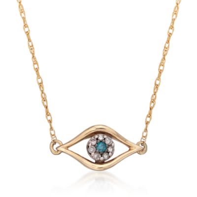Blue and White Diamond Evil Eye Tiny Charm Necklace in 14kt Yellow Gold. 18" &mdash; Alt Image 1