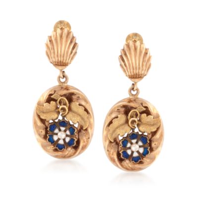 C. 1940 Vintage Cultured Pearl and Enamel Dangle Earrings in 14kt Yellow Gold &mdash; Alt Image 1