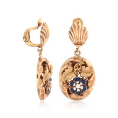 C. 1940 Vintage Cultured Pearl and Enamel Dangle Earrings in 14kt Yellow Gold &mdash; Alt Image 3