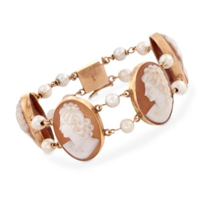 C. 1970 Vintage Cultured Pearl and Oval Shell Cameo Bracelet in 14kt Yellow Gold. 6.75" &mdash; Alt Image 1