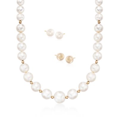 Graduated Cultured Pearl Necklace With 2 Free Pairs of Earrings in 14kt Yellow Gold &mdash; Alt Image 1