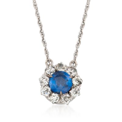C. 1940 Vintage 1.65 Carat Sapphire and 1.10 ct. t.w. Diamond Pendant Necklace in 14kt White Gold. 19" &mdash; Alt Image 1