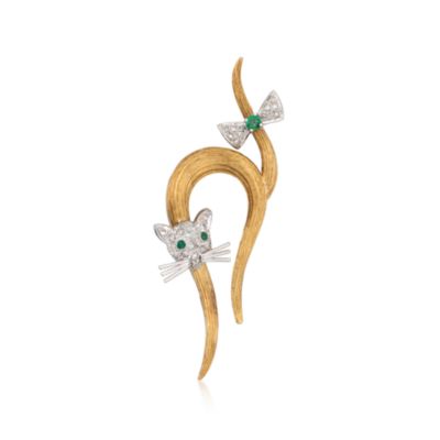 C. 1960 Vintage .25 ct. t.w. Emerald and .40 ct. t.w. Diamond Cat Pin in 18kt Yellow Gold &mdash; Alt Image 1