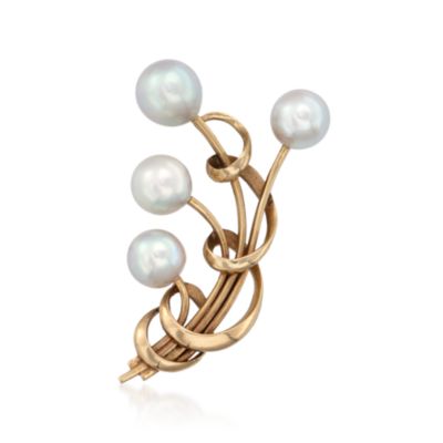 C. 1970 Vintage 7-8mm Akoya Cultured Pearl Floral Pin in 14kt Yellow Gold   &mdash; Alt Image 1
