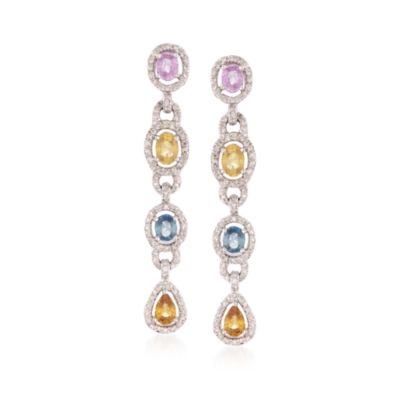 C. 2000 Vintage 2.80 ct. t.w. Multicolored Sapphire and 1.00 ct. t.w. Diamond Dangle Earrings in 18kt White Gold &mdash; Alt Image 1