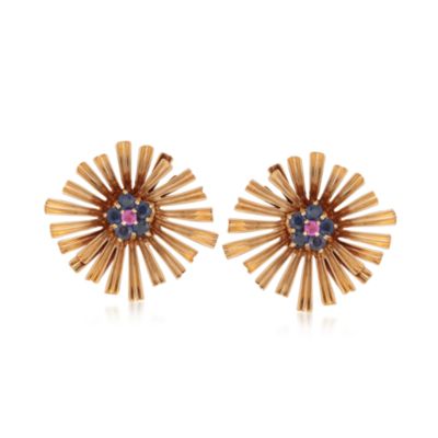 C. 1970 Vintage 1.50 ct. t.w. Sapphire and .25 ct. t.w. Ruby Floral Earrings in 14kt Yellow Gold &mdash; Alt Image 1