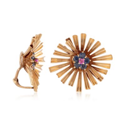 C. 1970 Vintage 1.50 ct. t.w. Sapphire and .25 ct. t.w. Ruby Floral Earrings in 14kt Yellow Gold &mdash; Alt Image 3