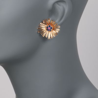 C. 1970 Vintage 1.50 ct. t.w. Sapphire and .25 ct. t.w. Ruby Floral Earrings in 14kt Yellow Gold &mdash; Alt Image 2