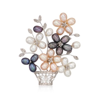 C. 1990 Vintage Multicolored Cultured Pearl and .50 ct. t.w. Diamond Floral Pin in 14kt White Gold &mdash; Alt Image 1
