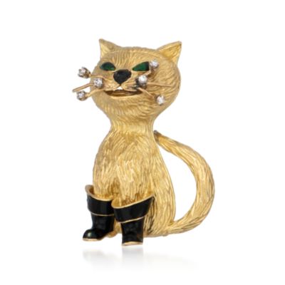 C. 1980 Vintage .15 ct. t.w. Diamond Puss in Boots Cat Pin With Enamel in 18kt Yellow Gold &mdash; Alt Image 1