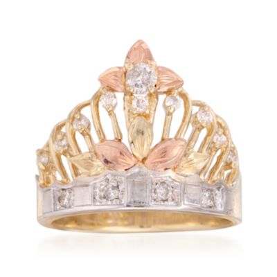 C. 1980 Vintage 14kt Tri-Colored Gold Crown Motif Ring With Diamonds. Size 8 &mdash; Alt Image 1