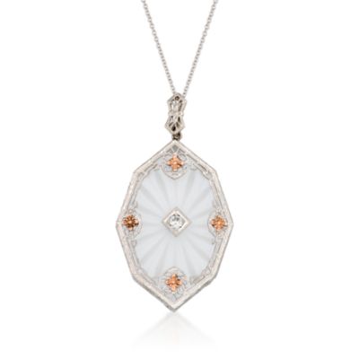 C. 1990 Vintage Frosted Engraved Rock Crystal and Diamond Pendant Necklace in 14kt Two-Tone Gold. 16" &mdash; Alt Image 1